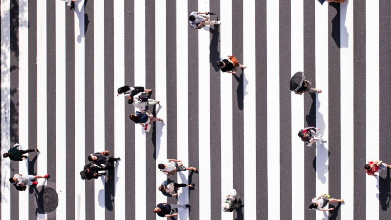 The photo shows a zebra crossing from above with people crossing the street, representing citizen participation in data-driven processes.